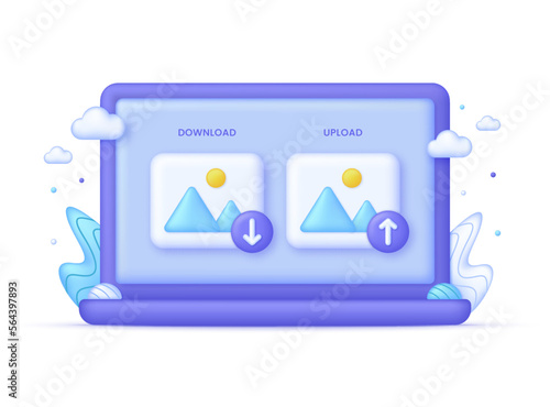3D Download or upload picture icon on Computer. Picture, jpg file, photo icon. Gallery icon.