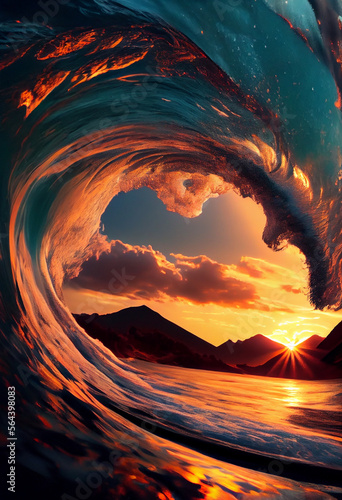 Welle im Meer mit wundersch  nen Sonnenuntergang- Generative Ai