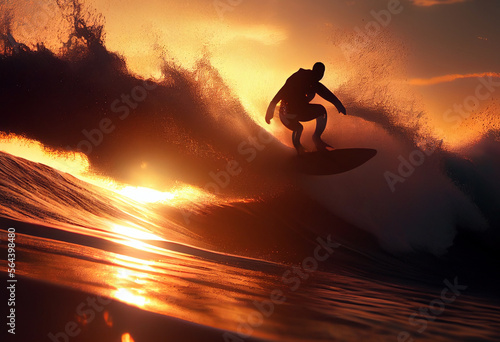 Silhouette eines Surfers im Sonnenuntergang auf einer gigantischen Welle im Meer - Generative Ai