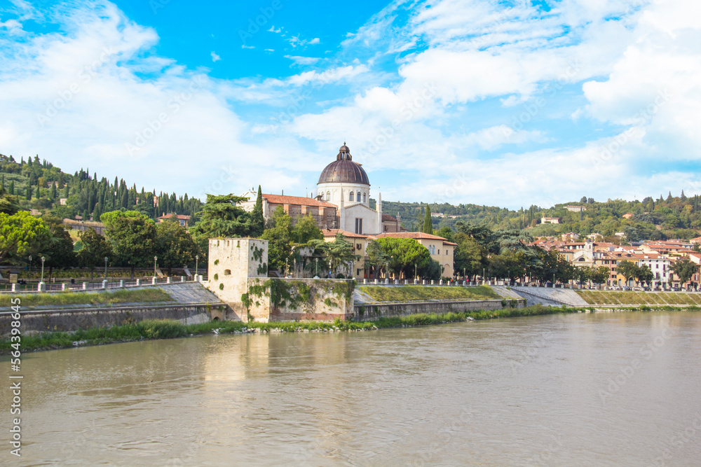 Beautiful view of the Church of San Giorgio on the Adige River in Verona, Italy