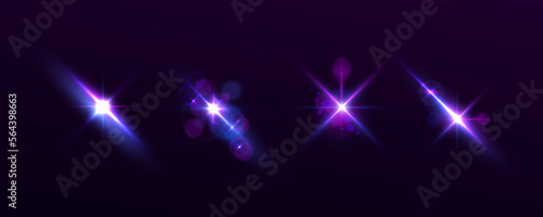 Blue glow star burst flare explosion light effect. Purple lights star, sun rays, violet sparks sparkle. Bright glitter glare bokeh. Set of transparent light streak and lens flares. Neon flare. Vector