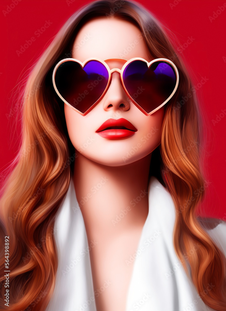 Pretty girl with heart shaped sunglasses with red balloons. studio photo. taking photos on valentine's day Pretty girl with heart shaped sunglasses with red balloons. studio photo. taking photos on valentine's day