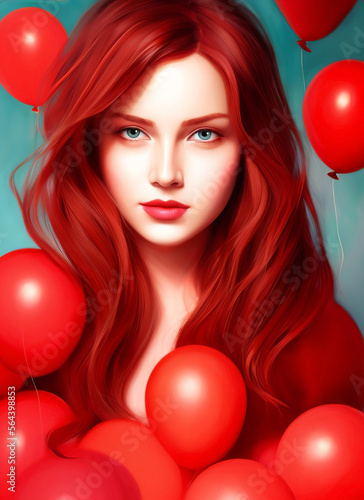 Pretty girl with red hair surrounded by red balloons. studio photo. taking photos on valentine's day © Eduardo