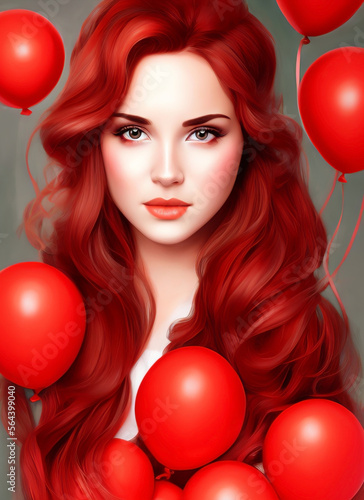 Pretty girl with red hair surrounded by red balloons. studio photo. taking photos on valentine's day © Eduardo