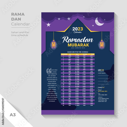 Blue color ramadan calendar design template. Iftar schedule templates design.