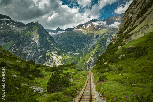 Track of Gelmer funicular, one of the steepest funiculars in the Europe