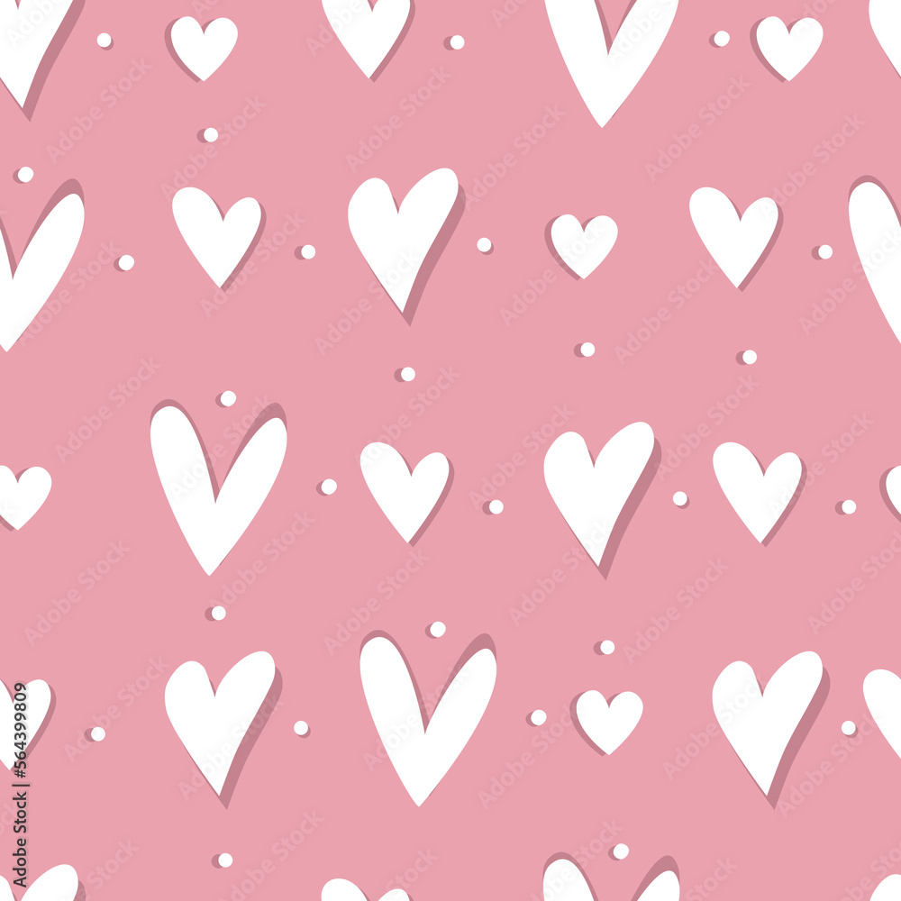 White Pink hand drawn Vector Hearts With Shadow. Seamless pattern.