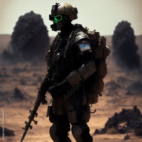 artificial intelligence generates the 3d model of a futuristic soldier, walking through the desert, in the middle of the war
