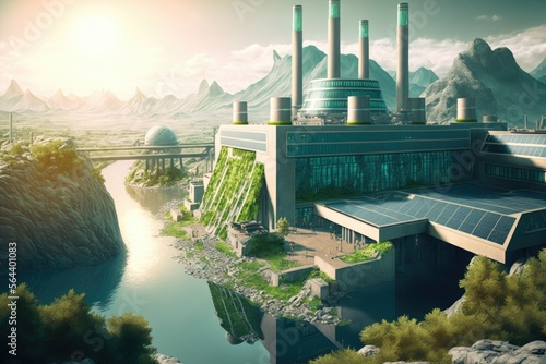 Concept art of a futuristic powerplant on a river, clean energy production, hydro-electrical and solar panels powered. Generative AI. photo
