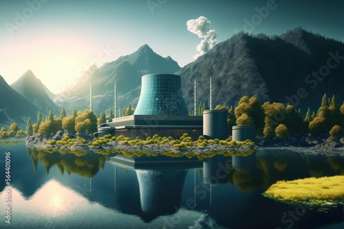 Nuclear Fusion Powerplant concept art, lake, beautiful scenery, mountains background. Generative AI. photo