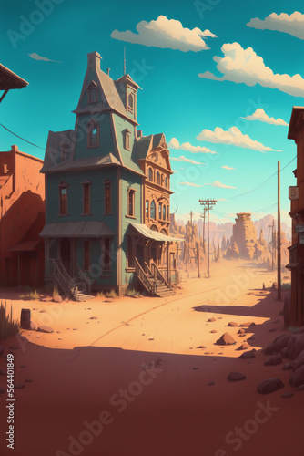 Western town, western street, an old wild west town with wooden buildings and sand road. Artificial intelligence and photoshop.  photo