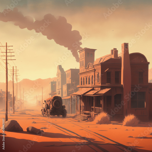 Wallpaper Mural Western town, western street, an old wild west town with wooden buildings and sand road. Artificial intelligence and photoshop.  Torontodigital.ca