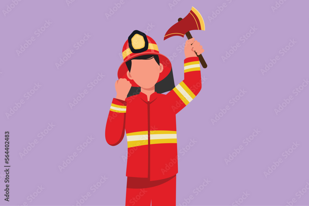 Cartoon flat style drawing male firefighters in complete uniform holding glass breaking axe with celebrate gesture prepare to put out fire that burned the building. Graphic design vector illustration