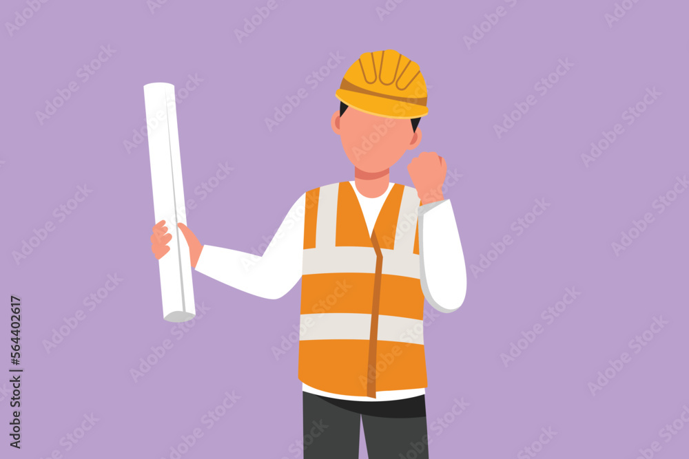 Cartoon flat style drawing architect wearing vest, helmet with celebrate gesture and carrying blueprint paper for building work plan. Builder on work at ground site. Graphic design vector illustration Cartoon flat style drawing architect wearing vest, helmet with celebrate gesture and carrying blueprint paper for building work plan. Builder on work at ground site. Graphic design vector illustration