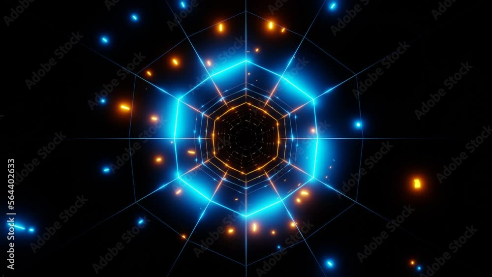 cosmic fractal tunnel with glowing orange blue lights vj loop abstract background. 4k footage