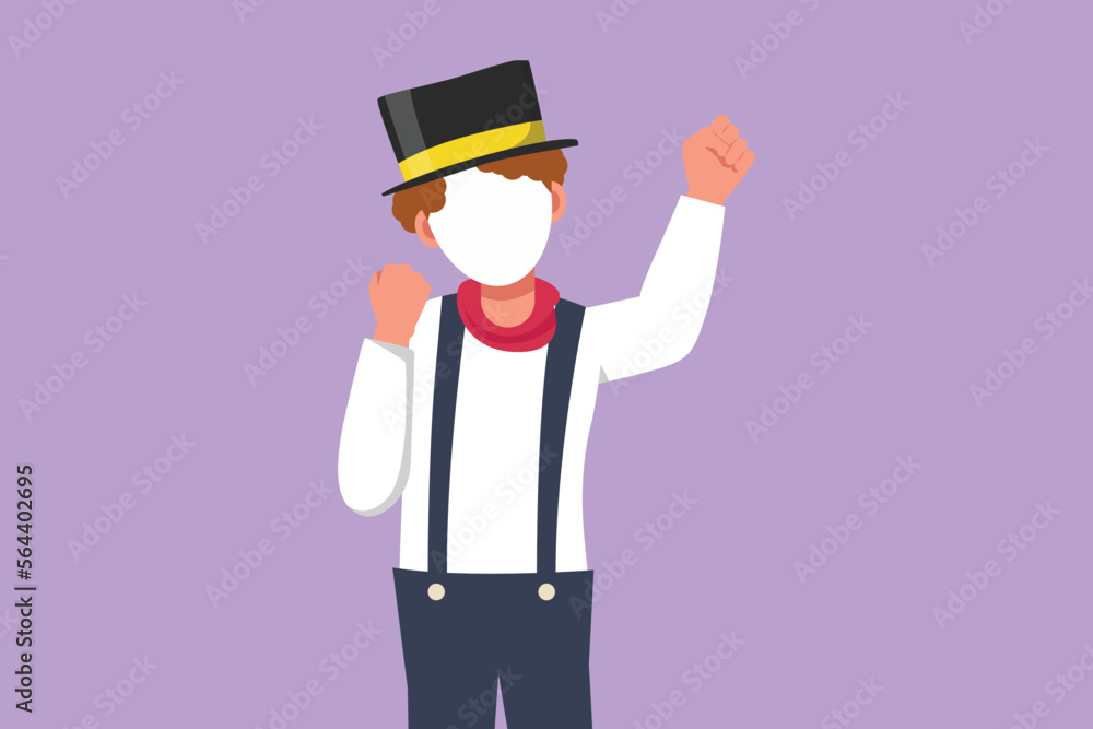 Character flat drawing of mime artist say hi with celebrate gesture and white face make up puts on silent motion comedy show at circus arena. Creative job industry. Cartoon design vector illustration