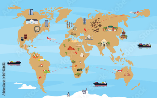 Vector illustration of an interesting playing world map. Cartoon map with sights and animals of different countries  flights of planes and ships.