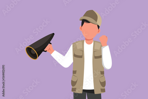 Cartoon flat style drawing male film director holding megaphone with celebrate gesture, wearing vest and cap while set film crew for shooting action movie in studio. Graphic design vector illustration