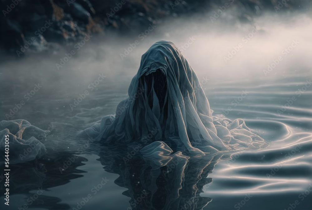 Ghost climbs out of the water, ghost hovering over the water on a foggy morning, ghost in white shroud, generative AI