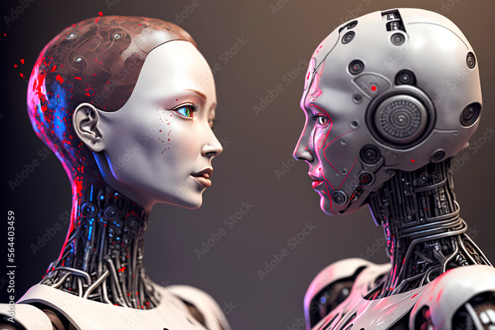 two AI robots looking at each other, artificial intelligence love, machine loving. AI generative content two AI robots looking at each other, artificial intelligence love, machine loving. AI generative content