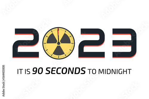 It is 90 seconds to the midnight banner. Doomsday alarm poster. Doomsday clock. Symbol of global catastrophe, apocalypse sign. Flat vector illustration.