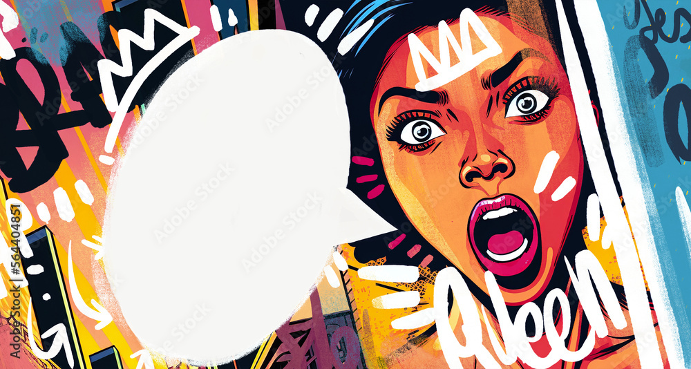 woman screaming with writing and graffiti, portrait inspired by comics and  pop culture. very colorful and saturated. pop art and graphic art. copy  space in the bubble. Stock Illustration | Adobe Stock