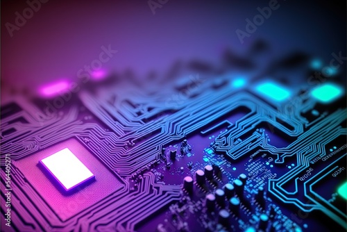Abstract microchip mother board background. Computer chip network for artificial intelligence, cyber security, big data concept design purple plue vivid colors photo