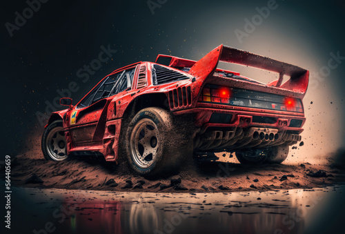 Retro red customized sports car rear view on muddy offroad terrain with copy space, generative ai © J S