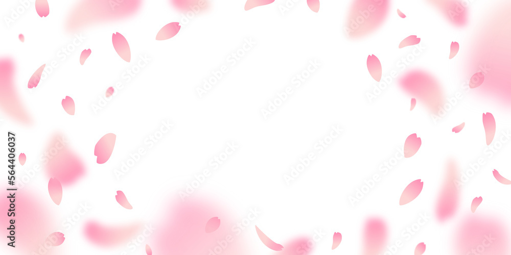 透明な背景に桜の花びらが優しく舞い落ちるイラスト。中央にコピースペース。