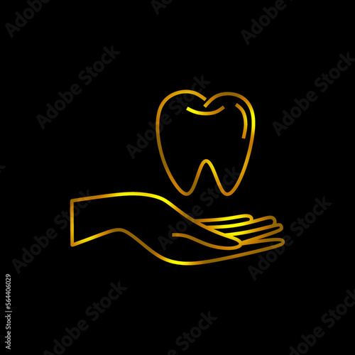 Dental care icon. Golden color. Tooth and hand icon. vector illustration