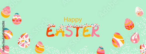 Happy Easter background with painted eggs Vector illustration isolated on light green. Geometric eggs and handwritten typography. Poster, banner template