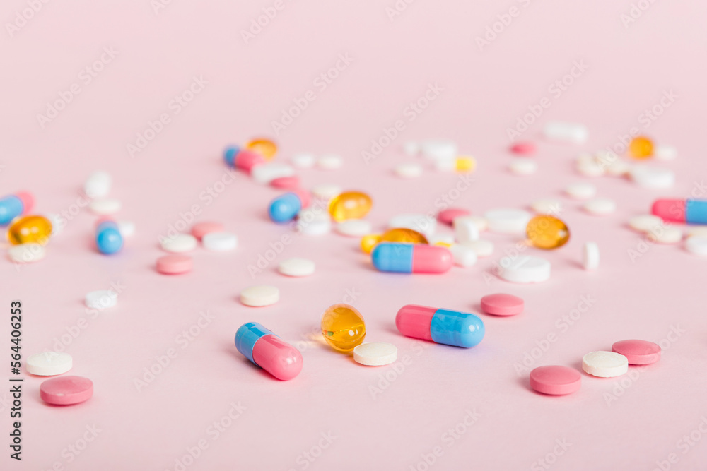 Many different colorful medication and pills perspective view. Set of many pills on colored background Many different colorful medication and pills perspective view. Set of many pills on colored background