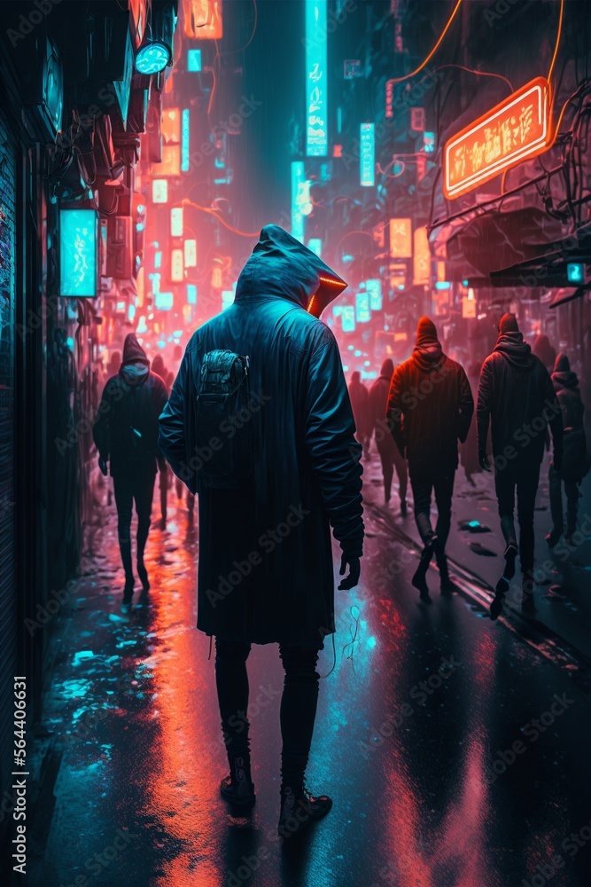 Illustration of people walking down a street at night full of neon, cyberpunk image, generative ia image.