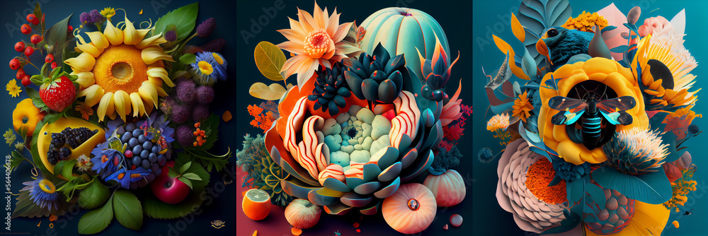 Illustration of a flowers and vegetables on black background, collection