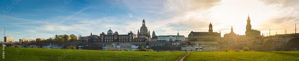 Wide Panoramic view of Dresden looking to the historic city center in a cold sunny autumn afternoon