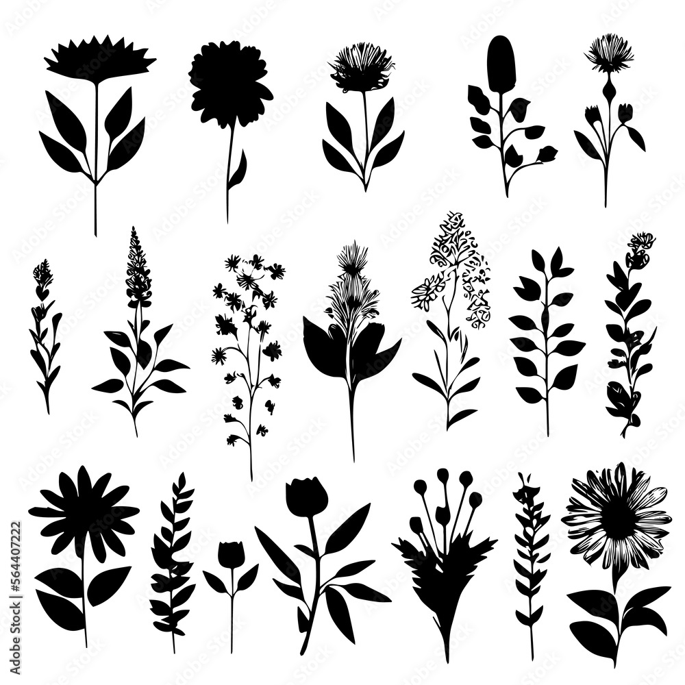 Vector Plant Silhouettes with forest Herbs and Flowers Vector Plant Silhouettes with forest Herbs and Flowers
