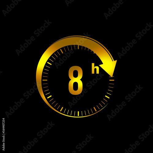 8 hours icon. 8 Hour Time Icon. Golden color. Clock with arrow. vector illustration