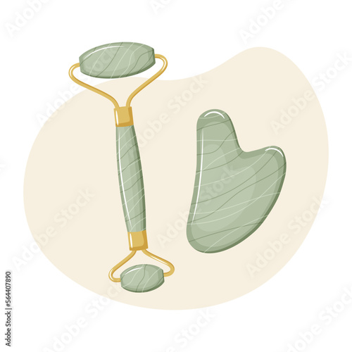 Jade facial roller and gouache scraper. Chinese gua sha massage. Collection of different shape natural green nephrite stones. Skin care. Vector illustration in flat.