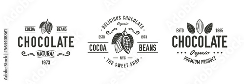 Chocolate logo set. 3 chocolate emblems with cocoa beans icons. Cocoa Beans  Cacao emblems templates. Vector illustration