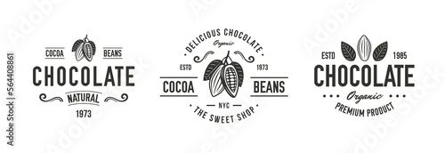 Chocolate logo set. 3 chocolate emblems with cocoa beans icons. Cocoa Beans, Cacao emblems templates. Vector illustration