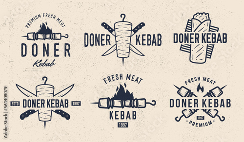 Vector Doner Kebab logo set. 6 Vintage Kebab, Shashlik, Shawarma emblems. Kebab, barbecue, restaurant labels, badges, posters. Shashlik Logo template.