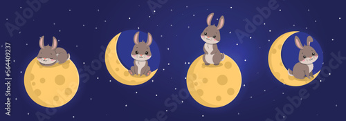 Set of rabbits with moon. Sleep, rest and recuperation. Fairy tale, imagination, dreams and fantasy. Forest dweller and animal in night sky. Poster or banner. Cartoon flat vector illustration