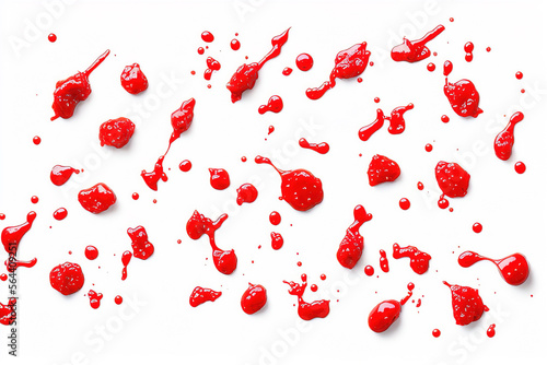 Set of red drops and splashes of ketchup or sauce isolated on white background