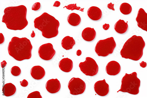 Set of red drops and splashes of ketchup or sauce isolated on white background