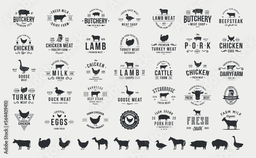 Print op canvas Vector set of signs, stamps and logos of Farm Animals