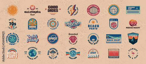 Vector set of signs and logos in Retro Groovy. Retro 70s logos for t-shirt, tee, typography design. 28 colorful hippie logo designs.