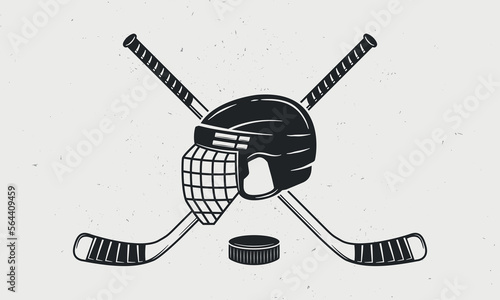 Ice Hockey emblem with helmet, cues and puck icons. Vector illustration