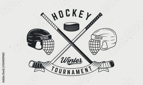 Ice Hockey logo. Hockey vintage emblem with ribbon banner,  black and white hockey cues, helmets icons. Logo template for team, club, tournament design. Vector illustration