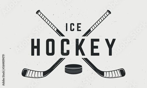 Ice Hockey logo, poster. Vintage hockey emblem with crossed hockey cues. Logo template for team, club, tournament. Vector illustration