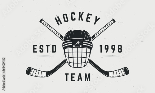 Ice Hockey team logo. Ice hockey helmet with crossed sticks isolated on white background. Logo template for team, club, tournament. Vector illustration